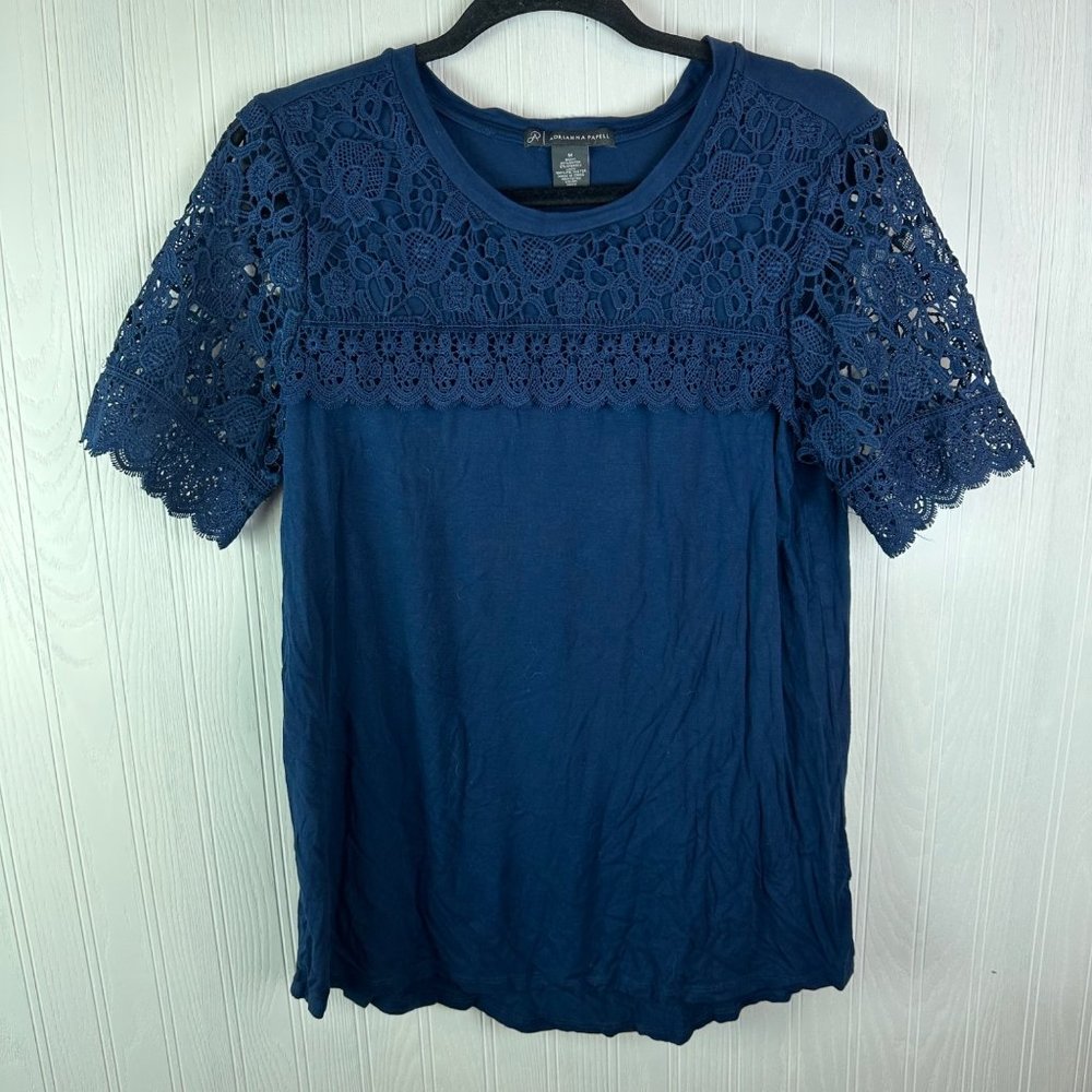 Adrianna Papell Short Sleeve Blouse Navy Blue Lace‎ detail Size Medium